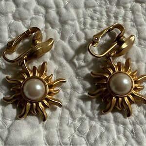 Gold Sunburst Pearl Clip-On Earrings